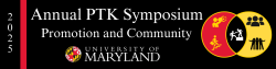 A black banner with white text that says,  "2025 Annual PTK Symposium. Promotion and Community" with the UMD logo underneath. On the right side of the banner there is a Venn diagram with my clip art images representing community building, professional development, and networking.