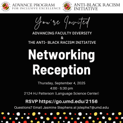 A flyer with black background and white text that is an invitation to a networking reception for faculty.