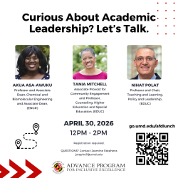 small flyer with a white background and black text. The image has 3 headshots of the 3 speakers for the event and a qr code in the right corner.