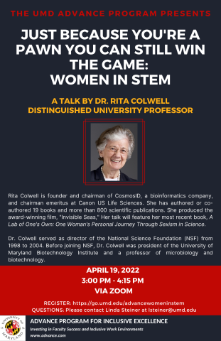 Flyer with description of the Just because you're a pawn you can still win the game: Women in STEM event