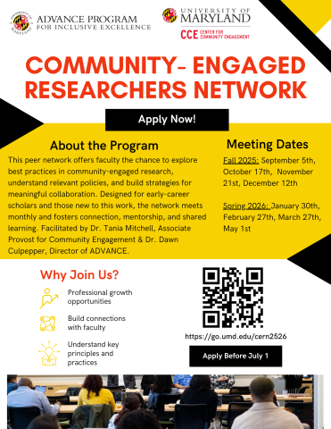 Flyer advertising CERN. The flyer has a white background with a yellow box in the middle and black geometric shapes around. The text is black but the header is red.
