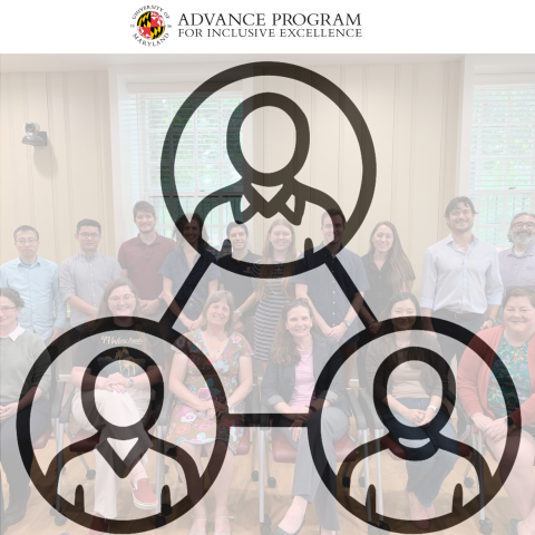 simple graphic with a a group of faculty in the background and in the foreground a graphic with 3 cirlces connected to one another like a web. At the top of the image is the ADVANCE logo.