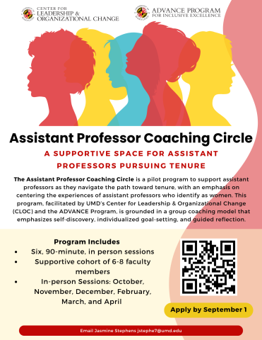 Assistant Professor Coaching Circle flyer that includes red, yellow and turquoise color theme.