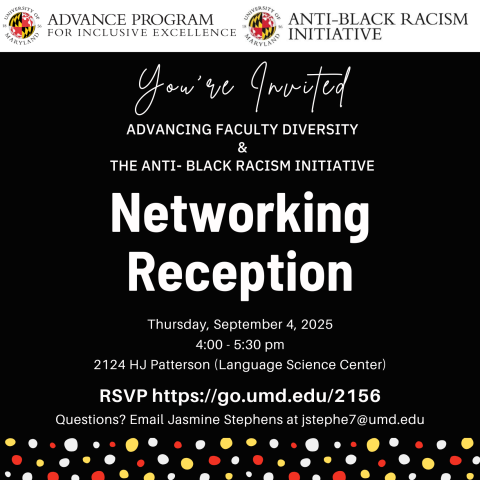 A flyer with black background and white text that is an invitation to a networking reception for faculty.