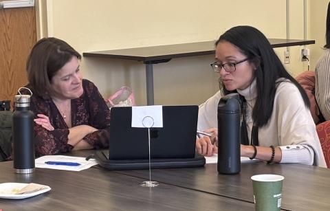 Two women sit at a computer discussing mentoring